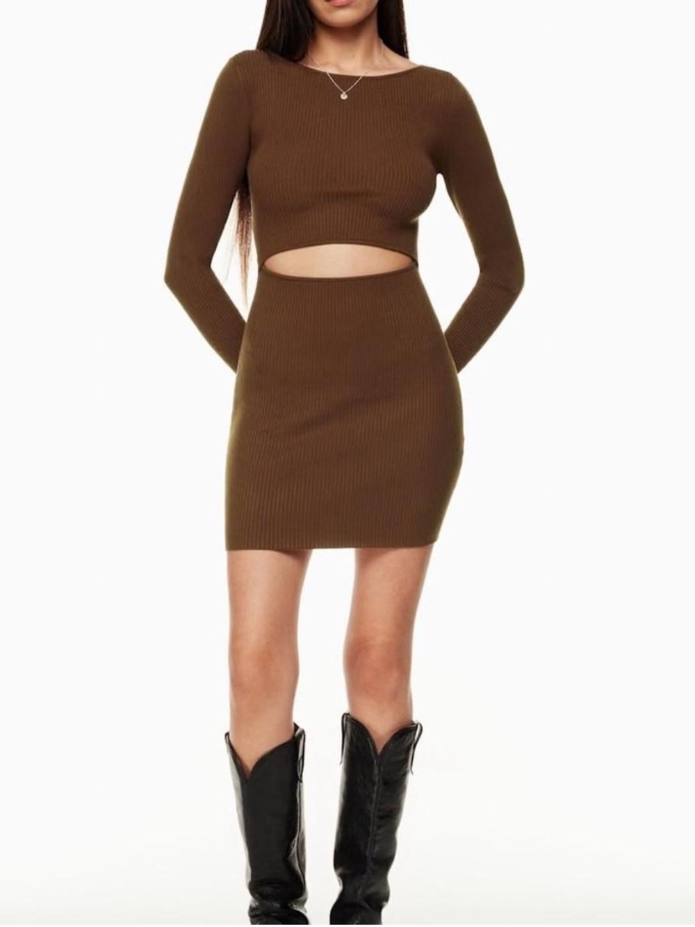 Aritzia Wilfred Cut Out Long Sleeve Knit Dress Brown Ribbed Small